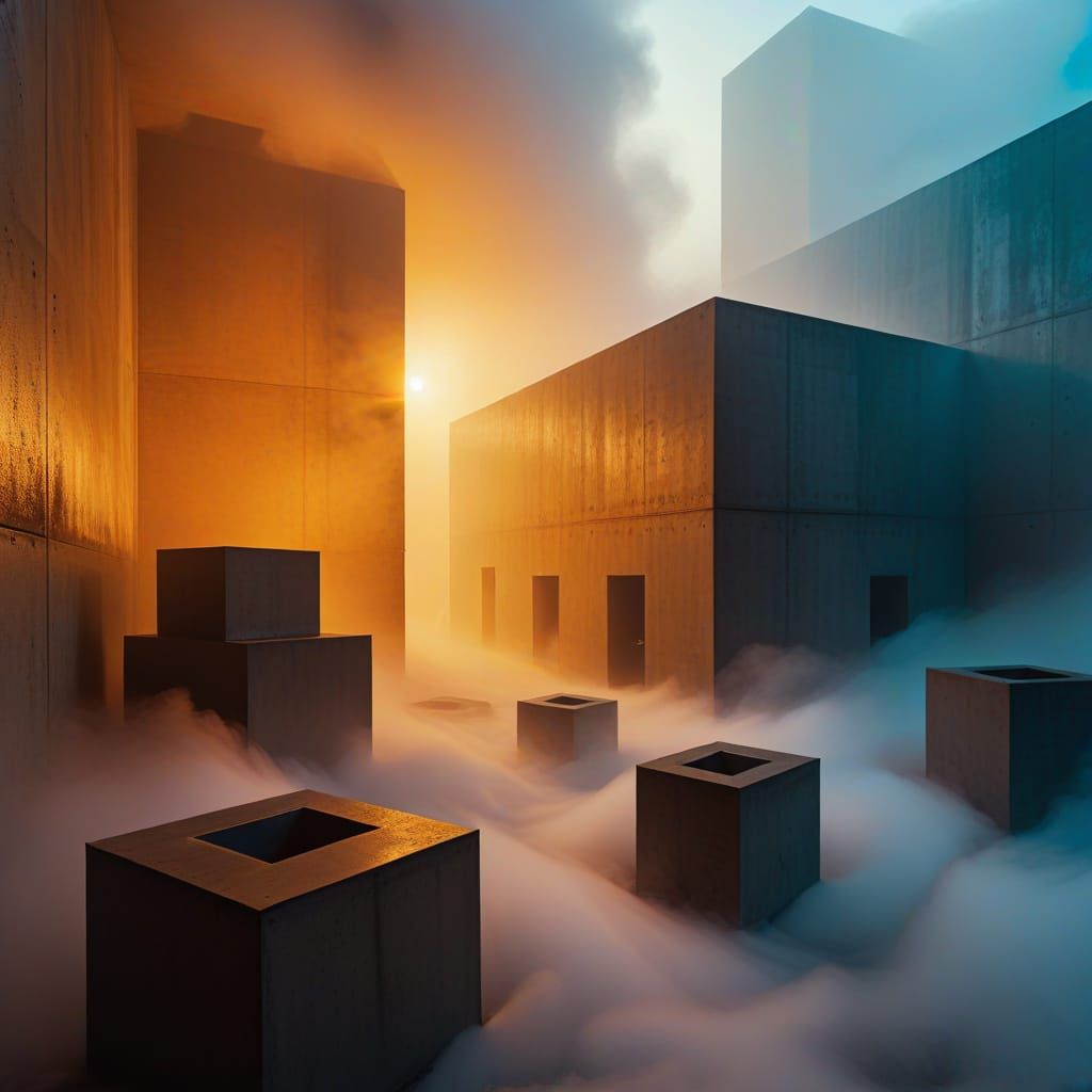 Surreal Geometric Forms Emerge from Foggy Brutalist Landscap...
