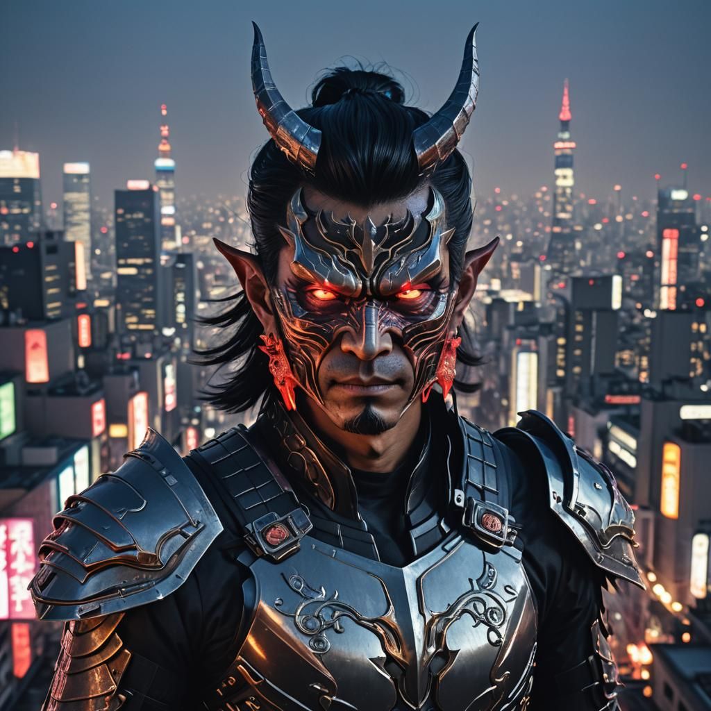 Japanese Demon Kaito Embodied in Tokyo Cityscape