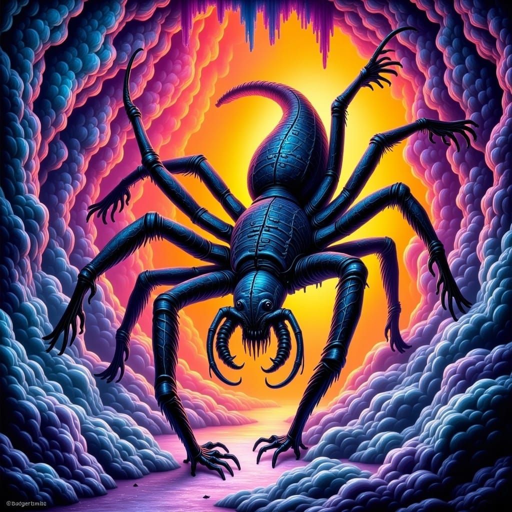 Menacing Arachnoid Crawls Down Iridescent Cavern Wall