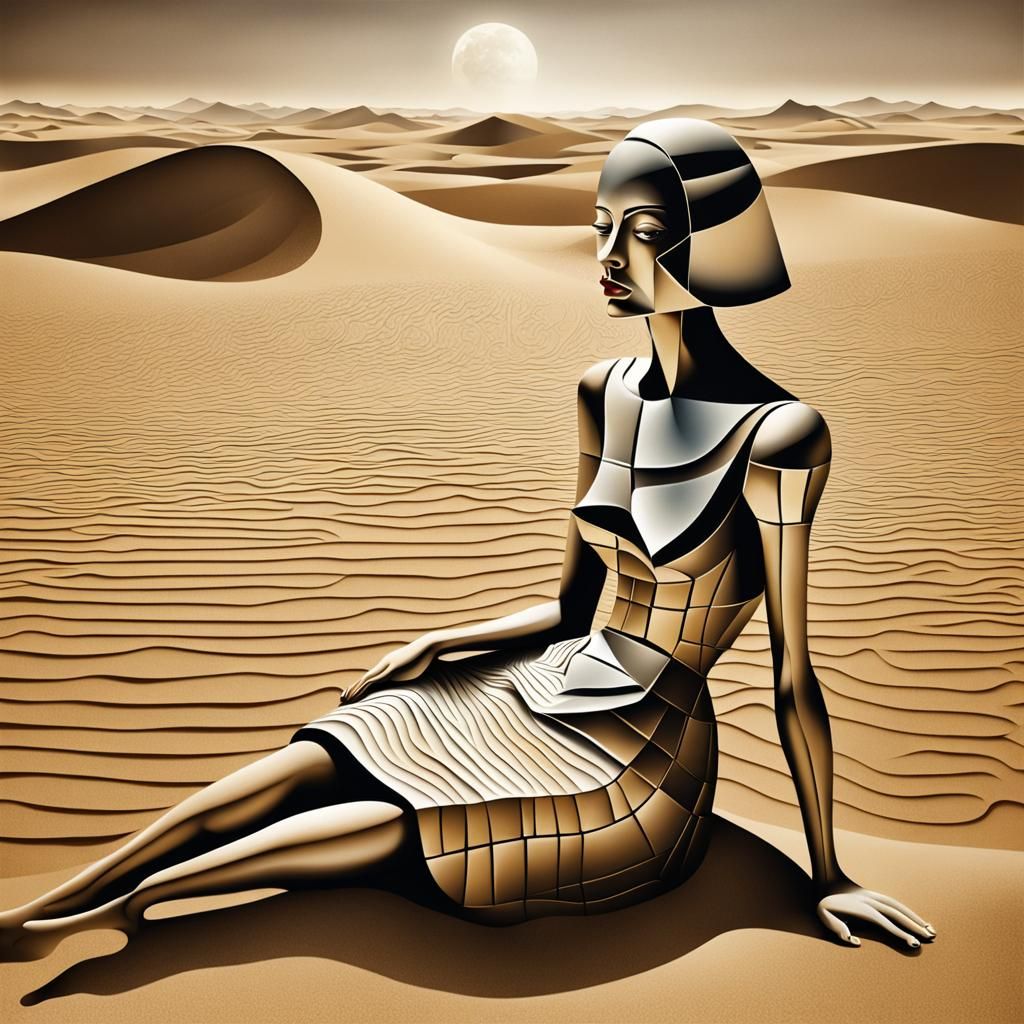 Surreal Cubist Woman in Desert Landscape