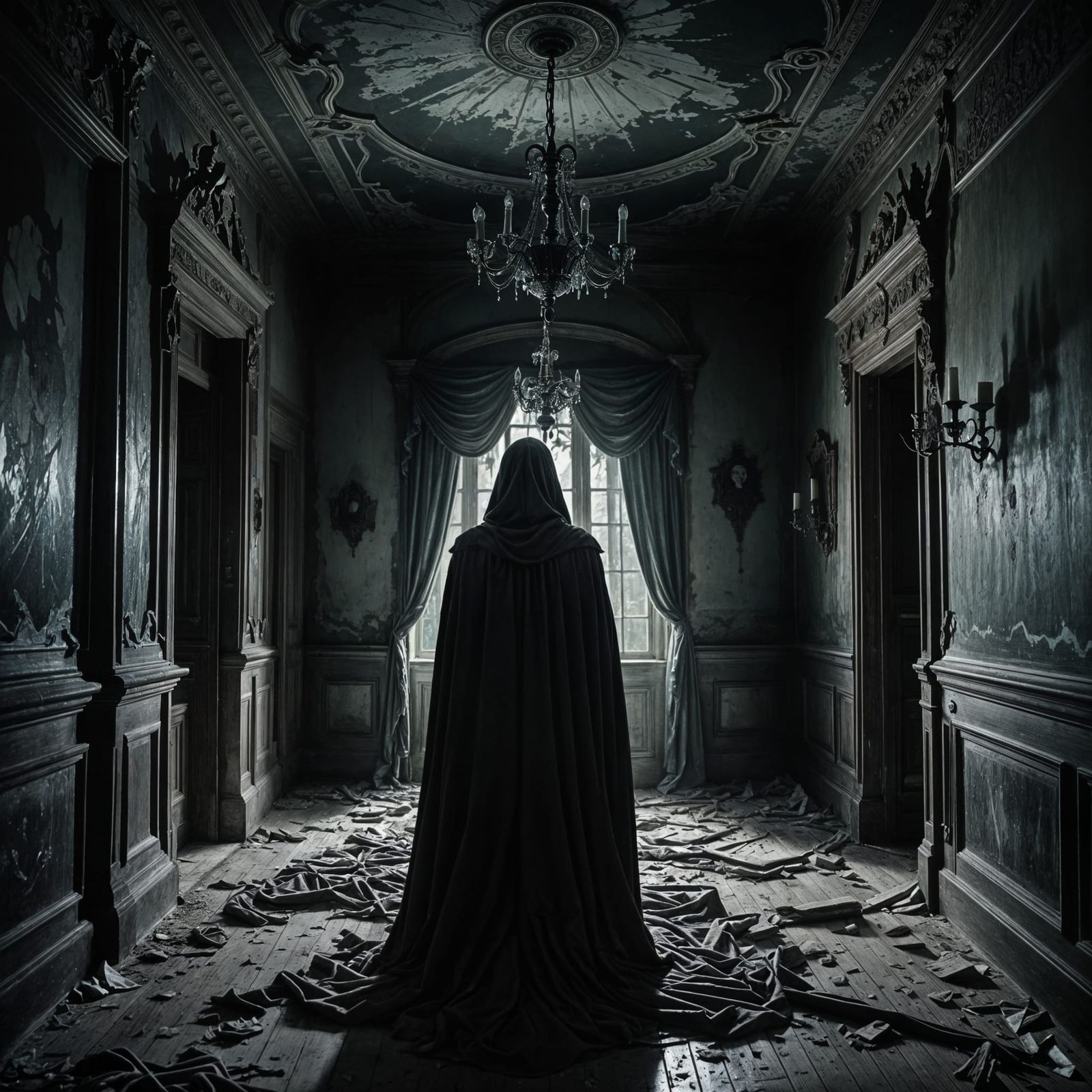 Ethereal Ghost Drifts Through Forgotten Mansion