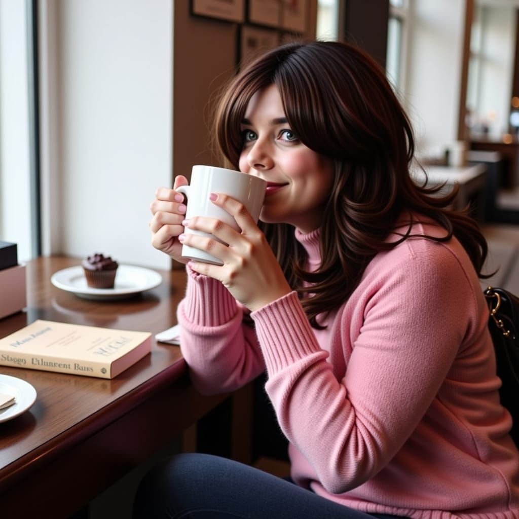 Woman Enjoying Coffee and Book in Cozy Coffee Shop