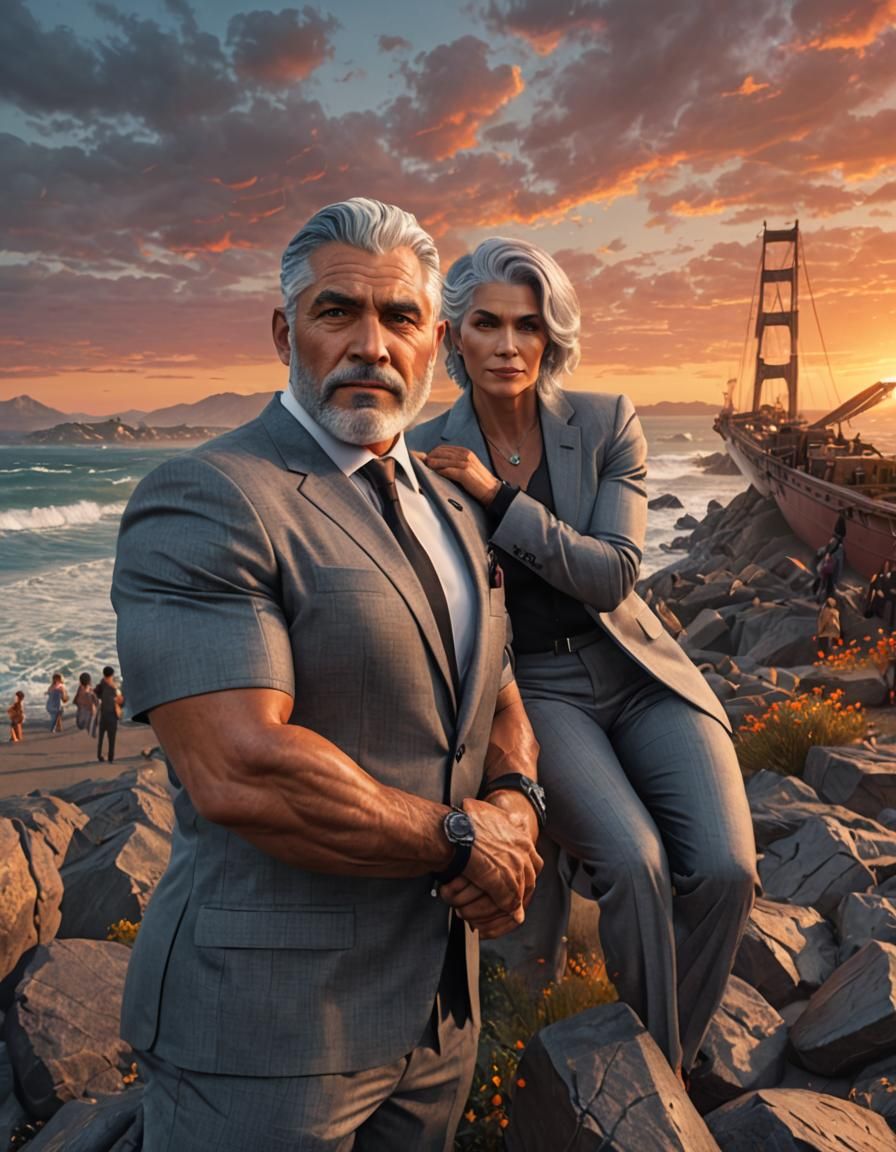 California Couple in Suits at Sunset