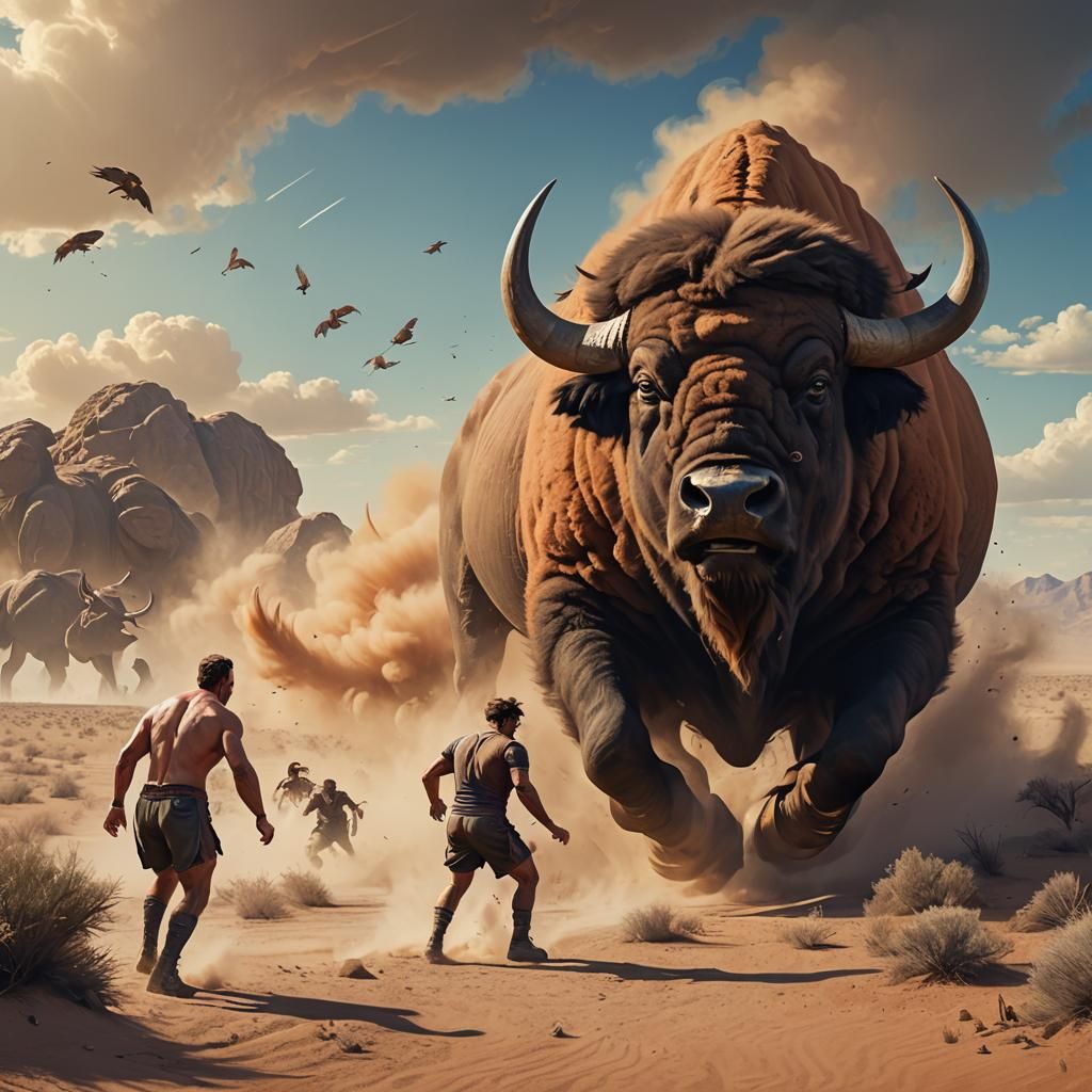 Rugby Player Meets Buffalo in Desert Matte Painting