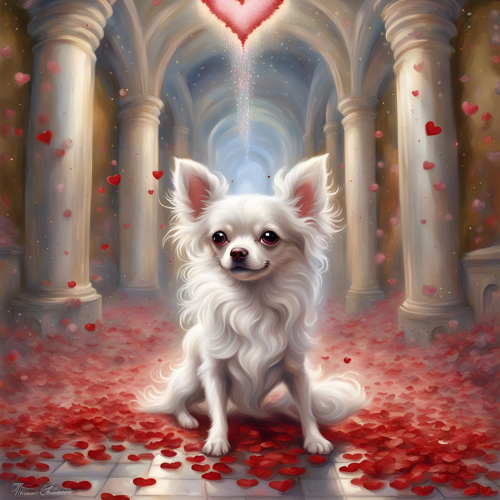 Chihuahua in Palace Hallway with Confetti