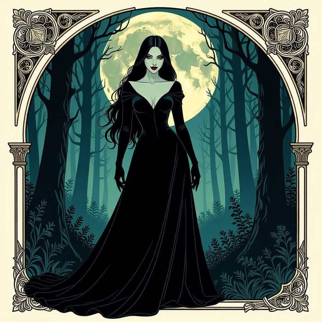 Vampire Woman in Dark Forest as Art Nouveau Illustration
