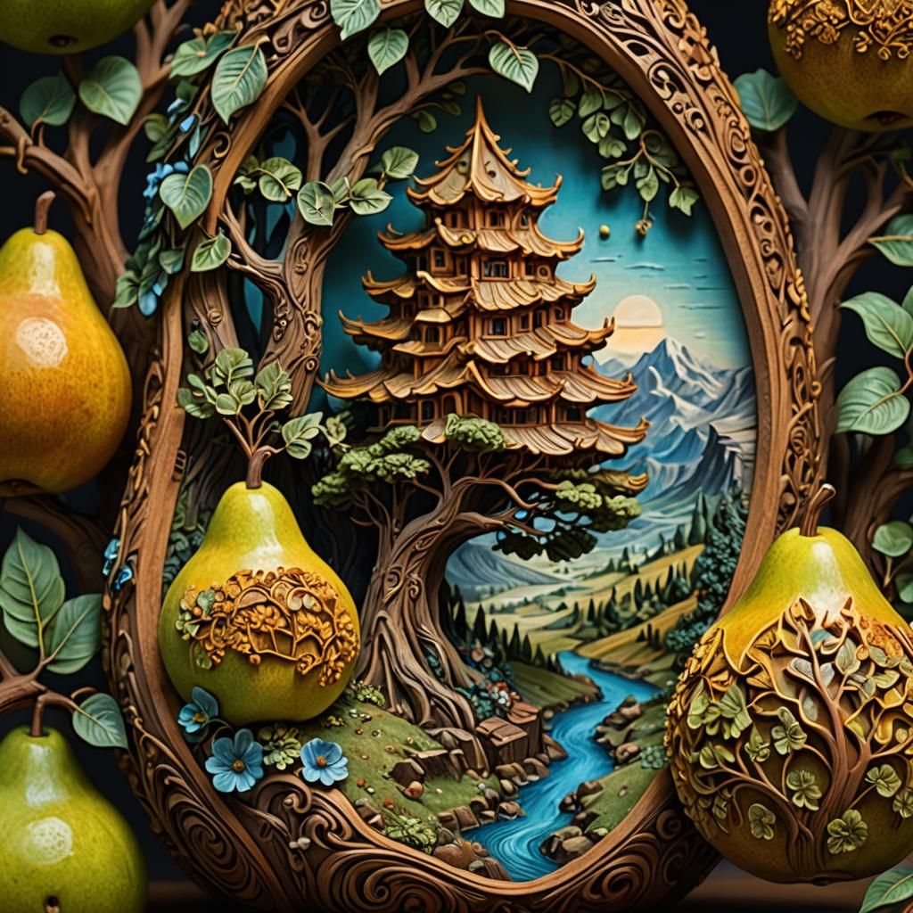 Landscape Carved Inside Pear: Digital Art