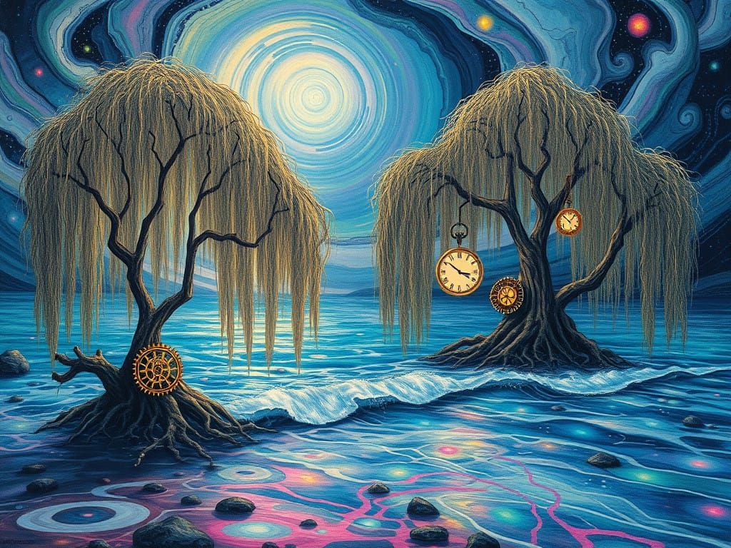 Ethereal Dreamscapes of Mechanical Willow Trees and Iridesce...