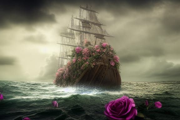 Epic Ship Sails Rose Sea in Magical CG Movie Scene