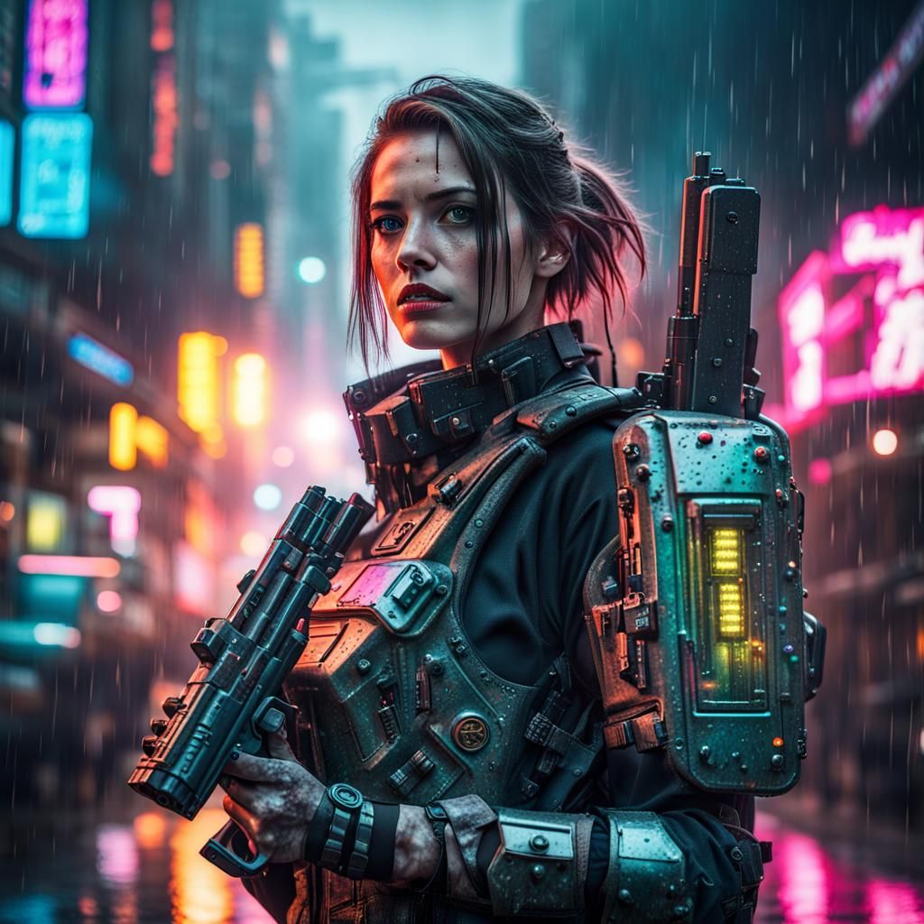 Cyberpunk Woman in Robotic Armor in Rainy City