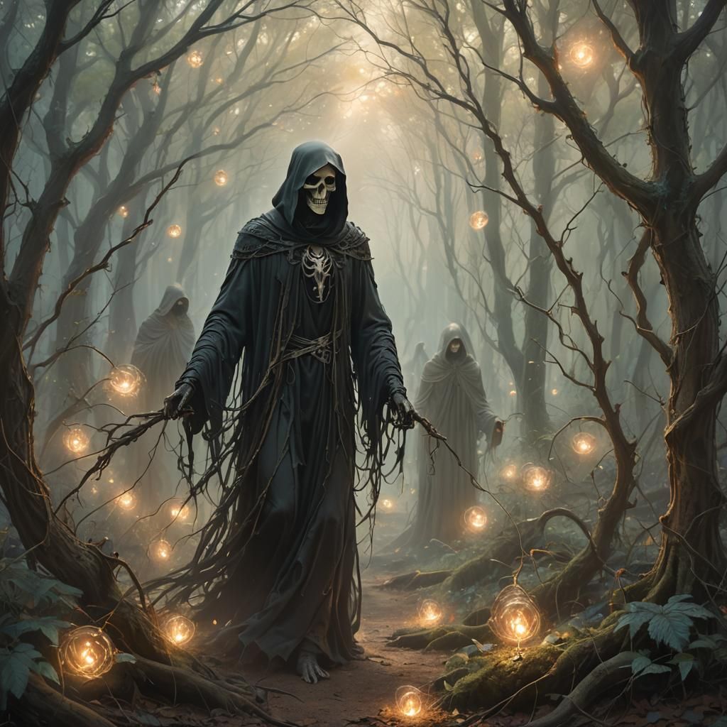 Reaper Walking Through Enchanted Forest with Spirits
