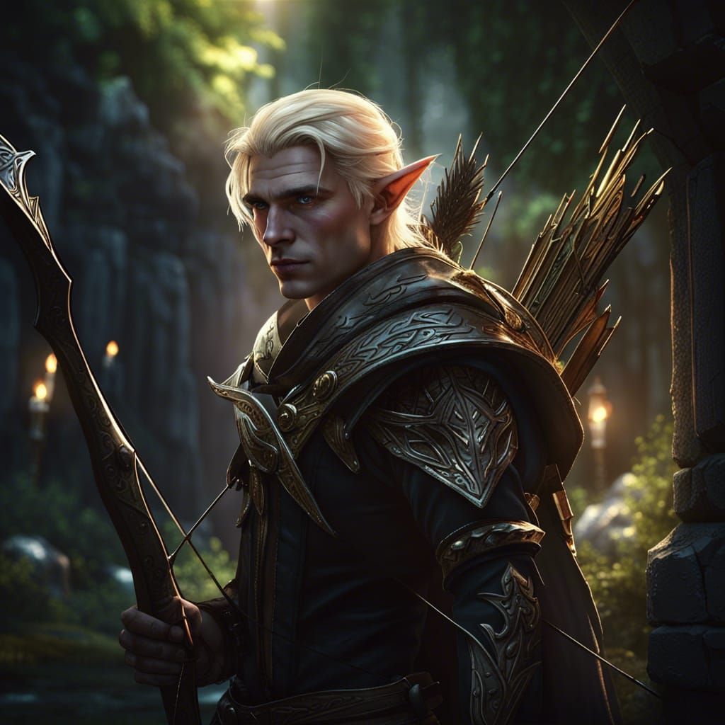 Elven Archer in Dark Fantasy City, Hyperdetailed Art