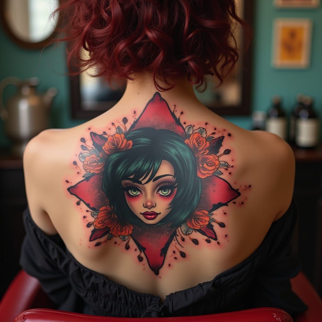 Vibrant Punk Tattoo on Model's Back