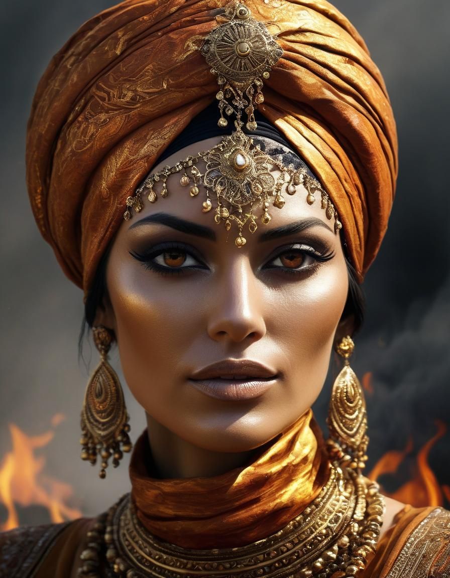 Figure in Gold and Fire Descends Hill: Digital Painting