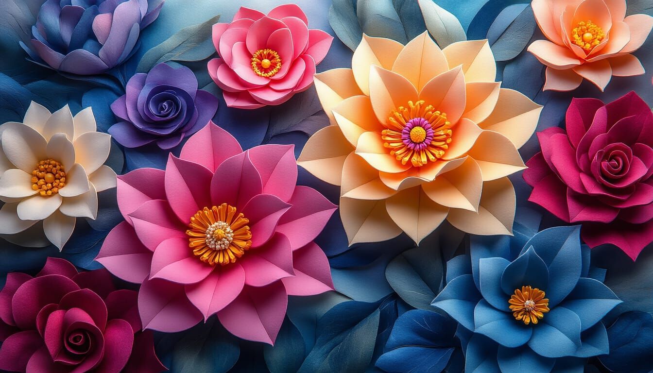 Vibrant Felt Flowers Tapestry in Digital Illustration Style