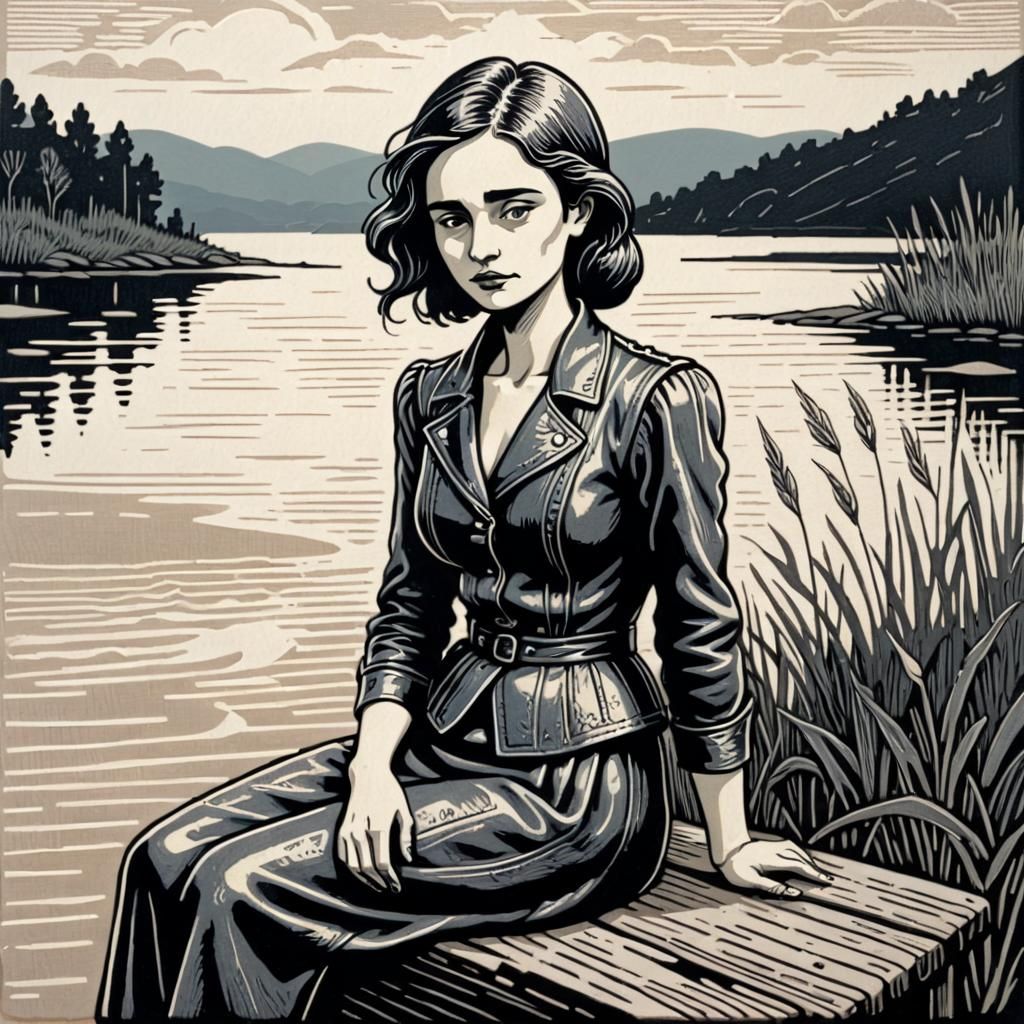 Leather Lady in Linocut Style by Lakeside