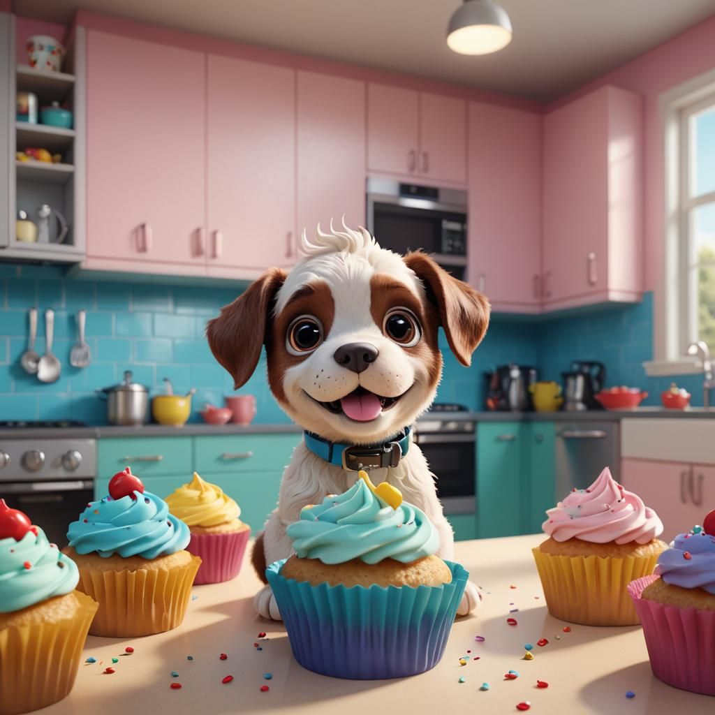 Adorable CGI Cartoon puppy cupcake, kitchen