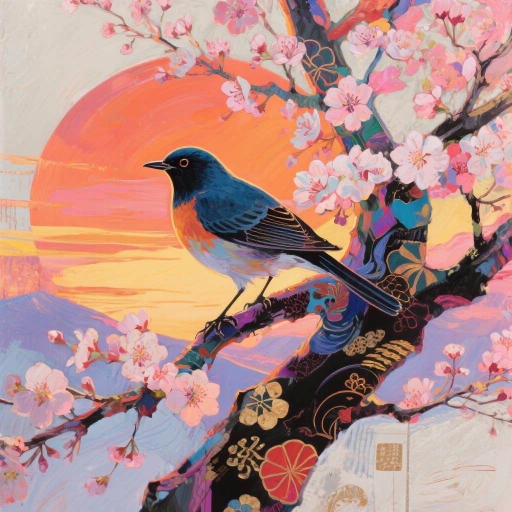Abstract Blossom Tree Sunset Bird with Japanese Motifs