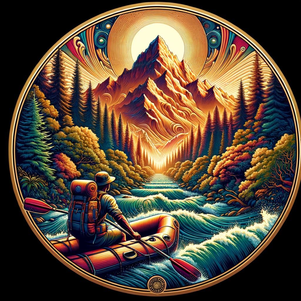 Golden Mountain Scene with Hiker and Whitewater Rafting in a...