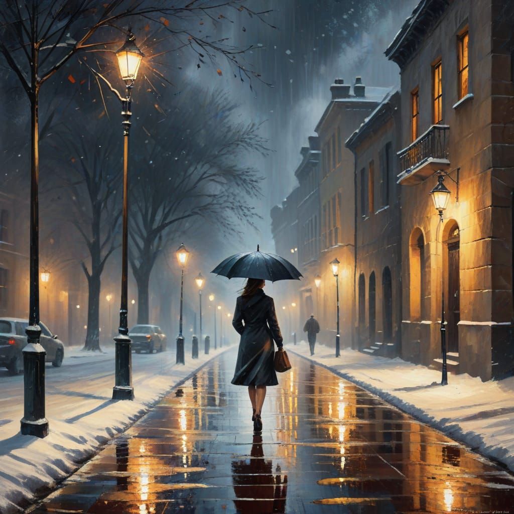 Impressionistic Winter Scene of Woman with Umbrella