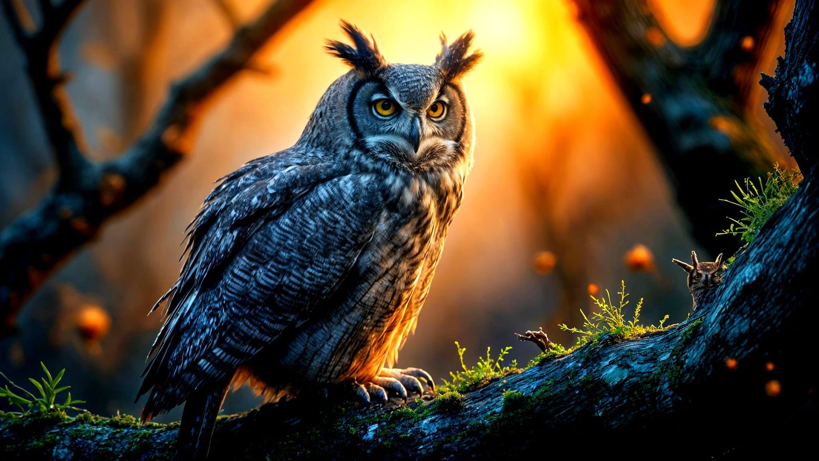 A Great Horned Owl sitting on a tree branch.