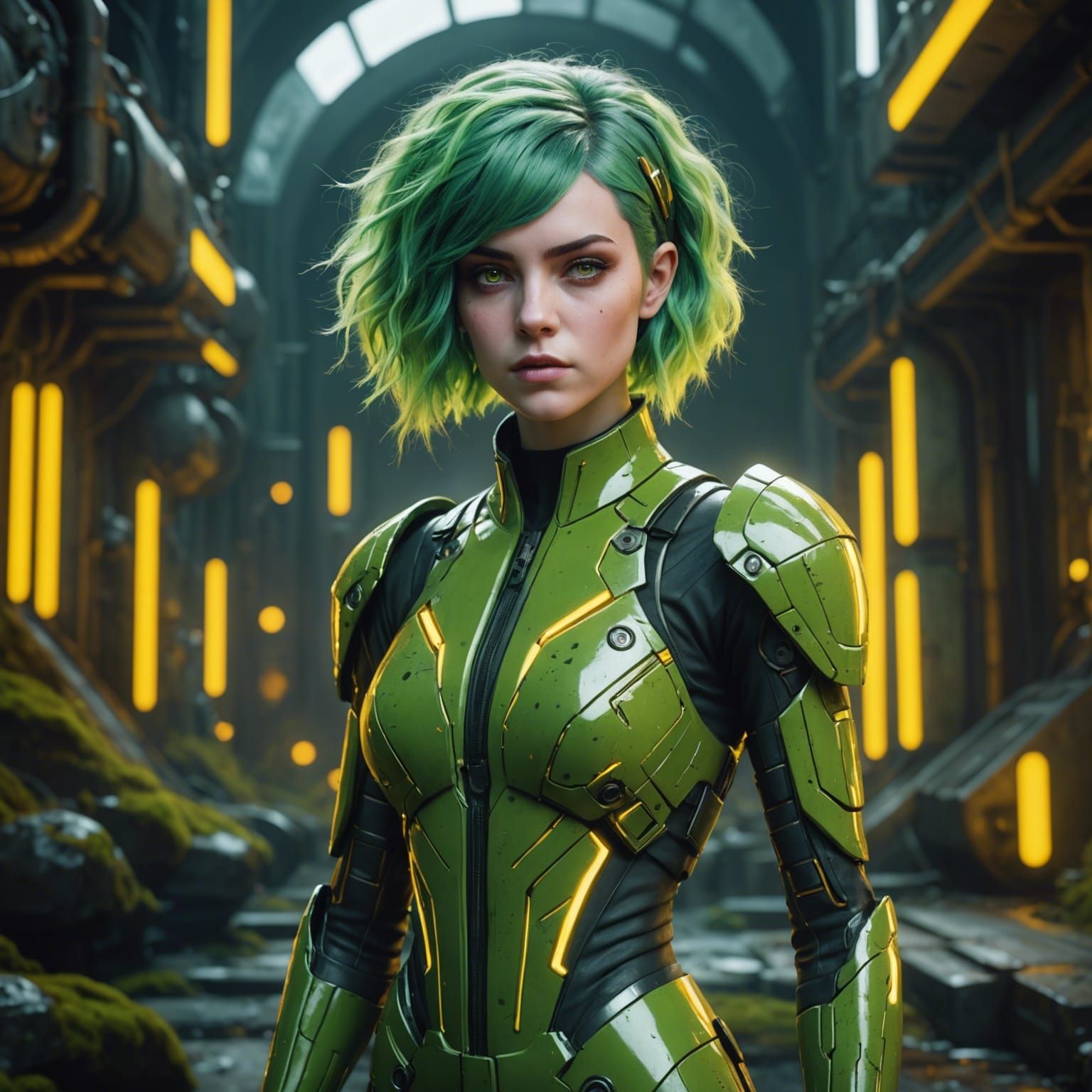 Biopunk Woman with Glowing Eye and Green Hair