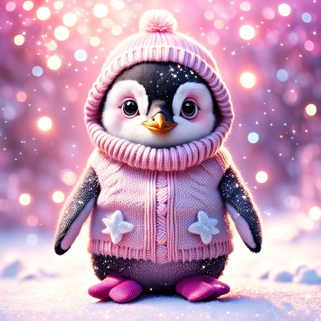 Cute Baby Penguin in Pink Jumper, Magical