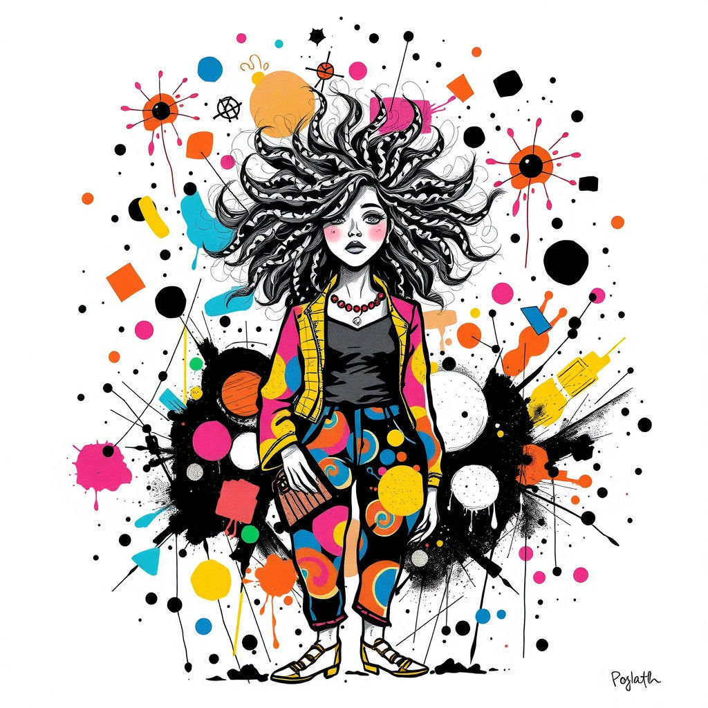 Whimsical Woman Surrounded by Abstract Doodles