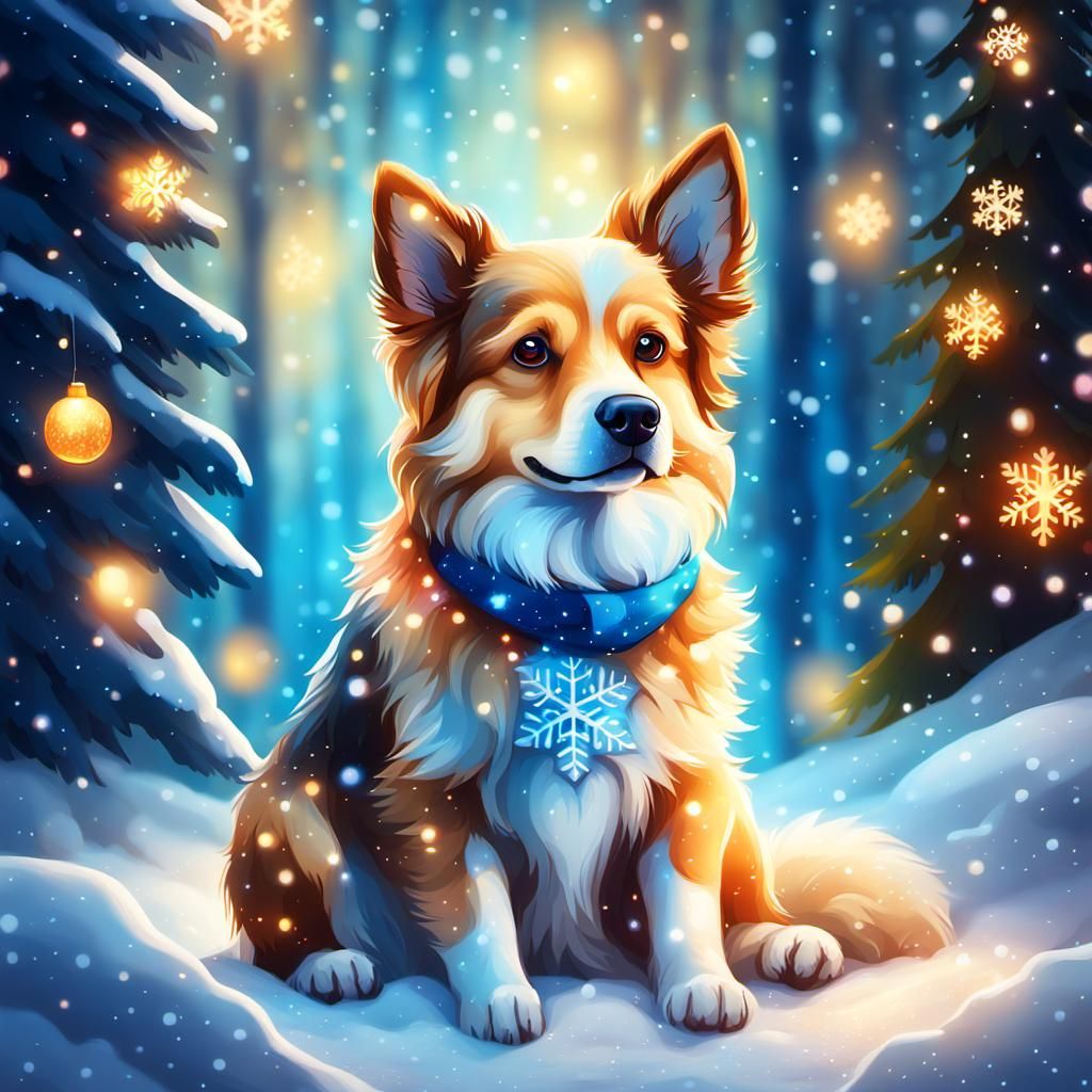 Christmas Dog in Snowy Fantasy Forest, Unreal Engine