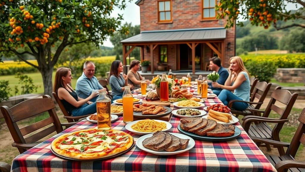Victorian Outdoor Party with Food and Orange Trees