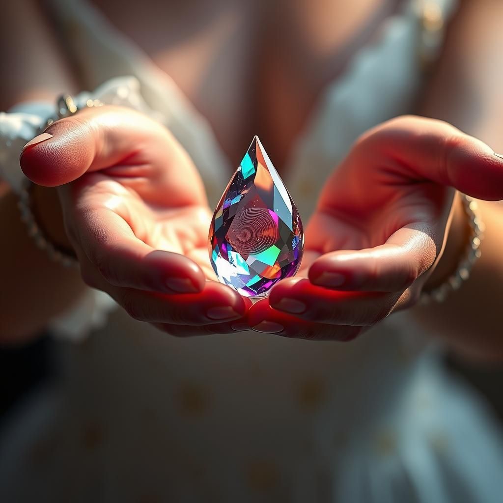 Woman's Hands Catching Crystal Raindrop in Fantasy Art