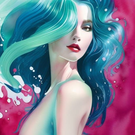 Wild Teal Hair in Liquid Gouache Watercolor