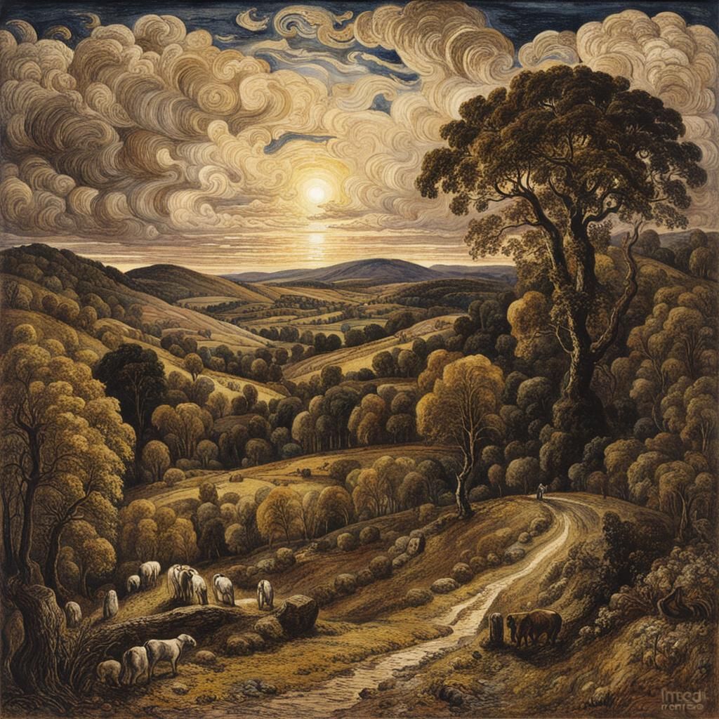 Romantic Landscape Painting Inspired by Samuel Palmer