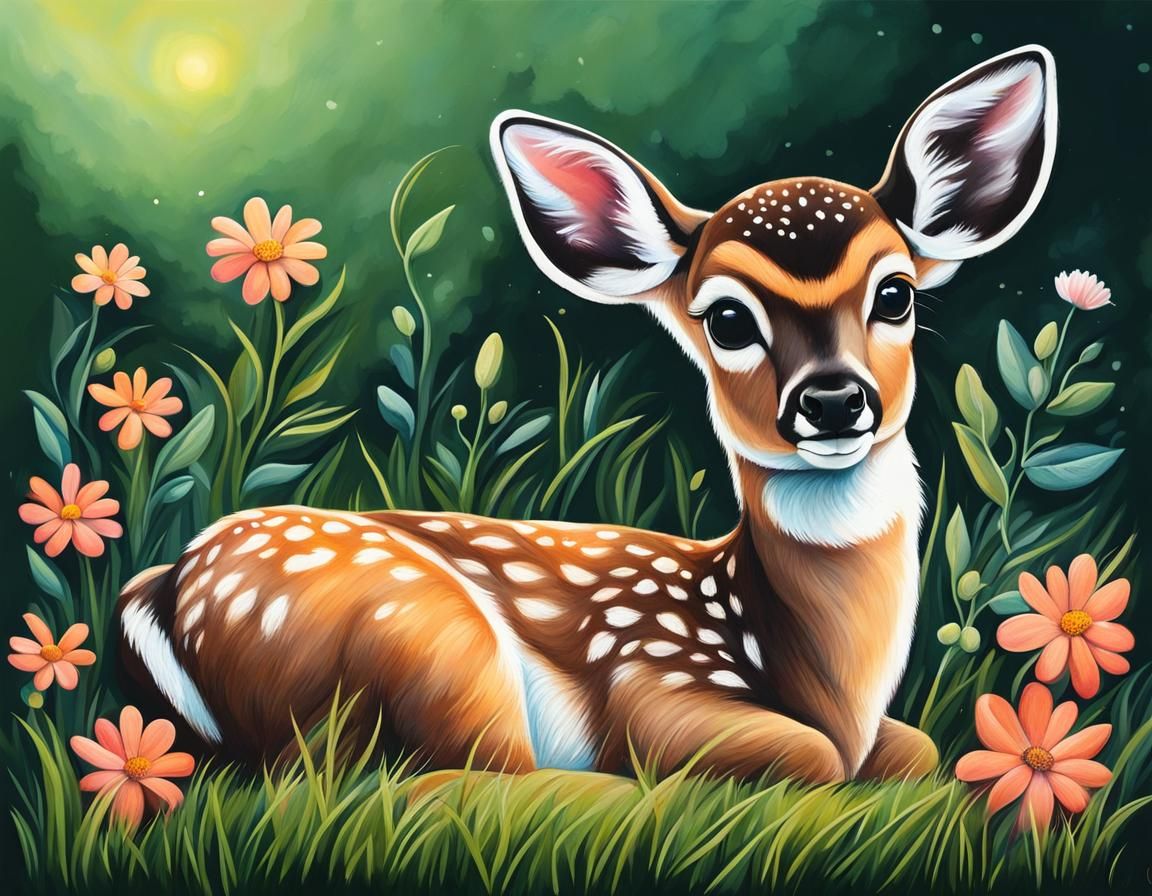 Adorable Baby Deer at Sunrise in Chalk Art Style