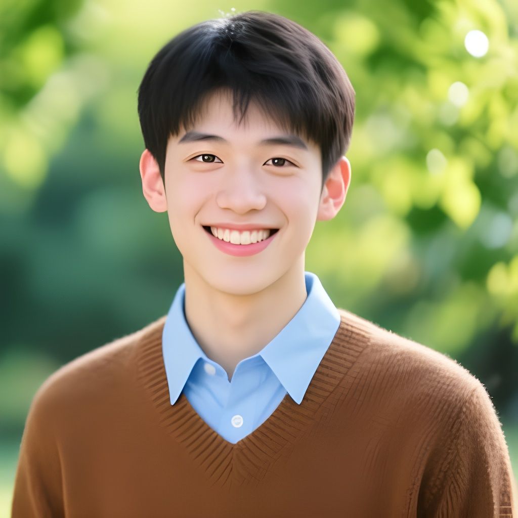 Realistic Portrait of a Young Man in Blue Shirt and Brown Sw...