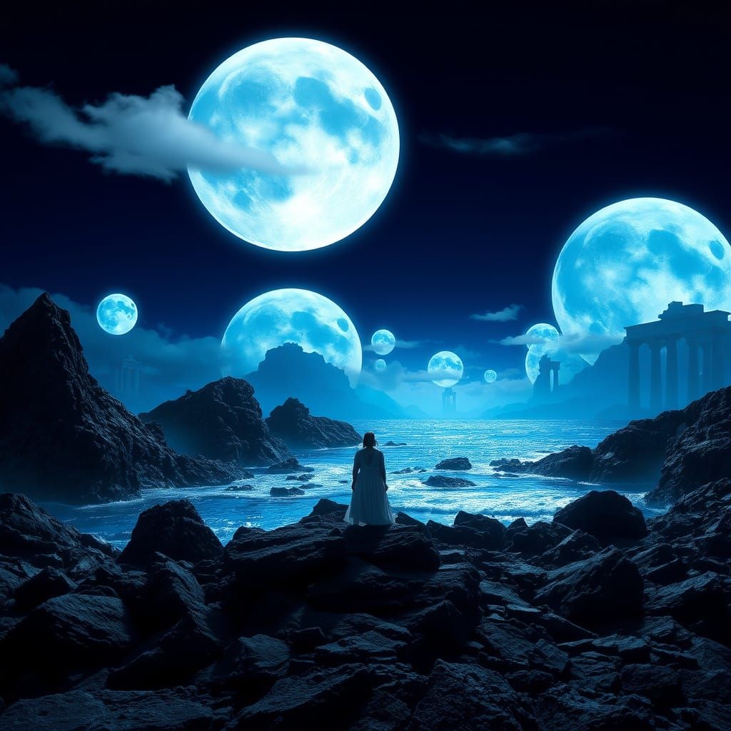 Surreal Moonlit Seascape with Glowing Structures