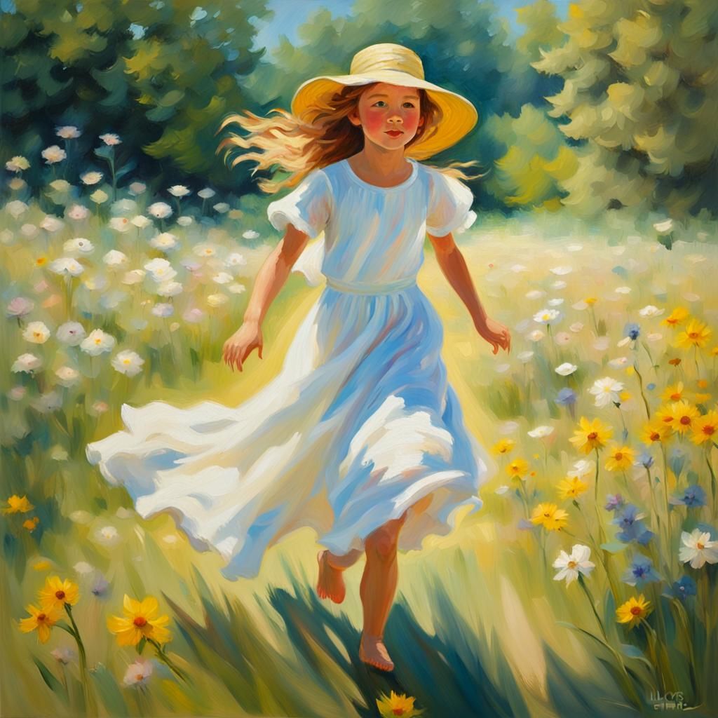 Girl in Meadow: An Impressionist Oil Painting
