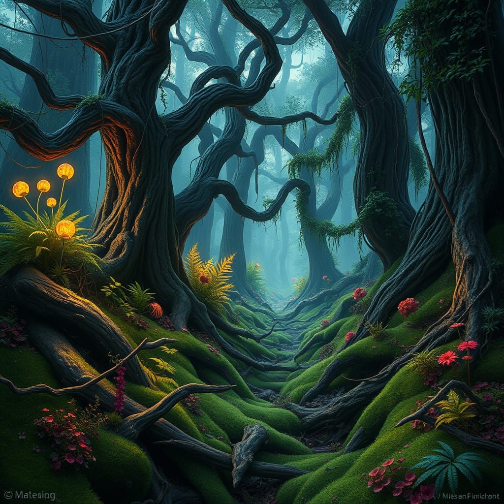 Mystical Forest Landscape in Vibrant, Dreamlike Style