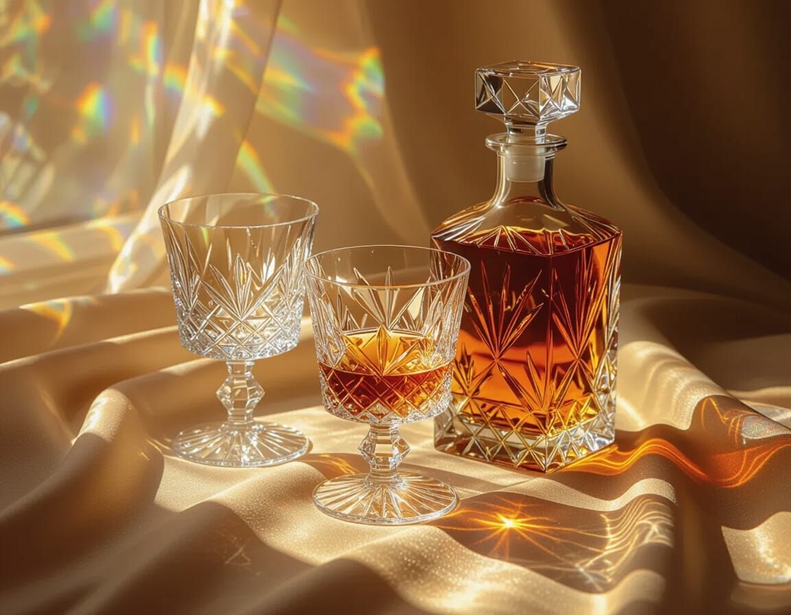 Ornate Crystalware with Refracted Light, Art Nouveau Style