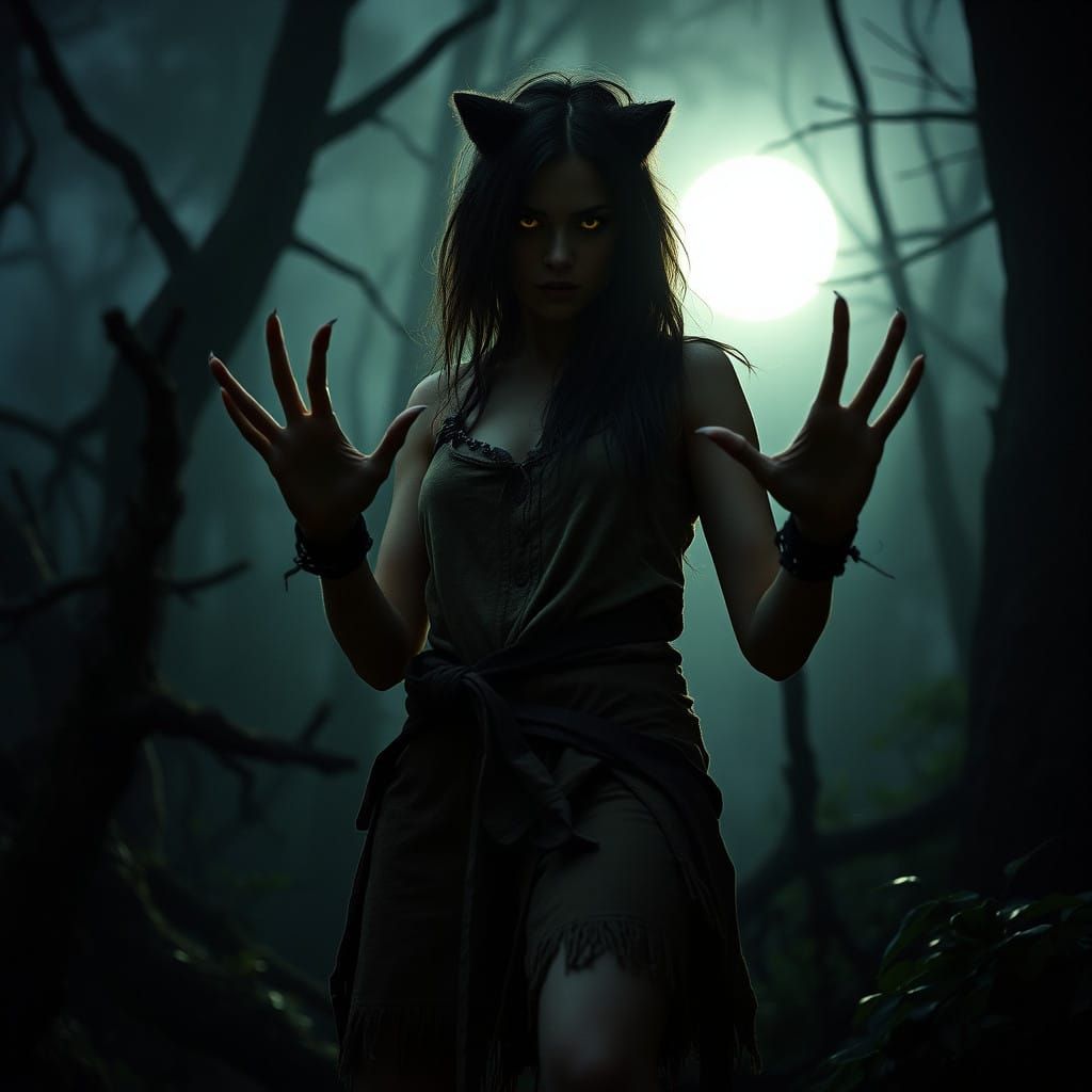 Moonlit Werewolf Transformation in Dark Forest Setting
