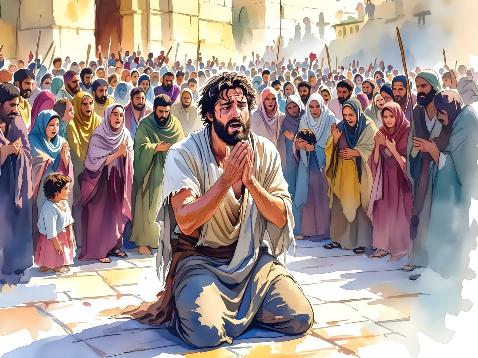 Ezra's Prayer: Repentance at the Temple in Watercolor