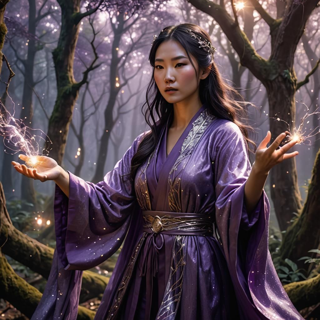 Asian Sorceress Casting Spell in Mystic Forest