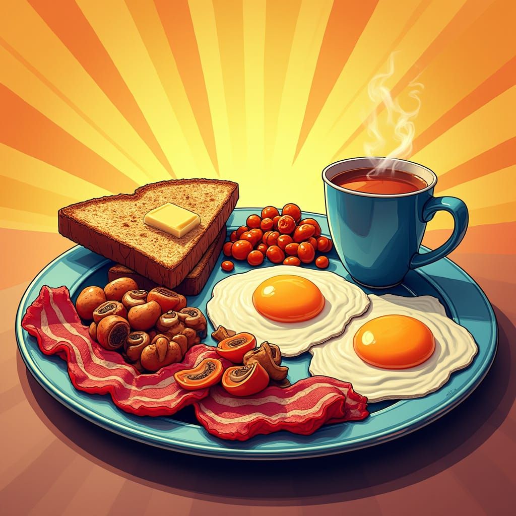 Traditional Full English Breakfast in Vibrant Comic Book Sty...