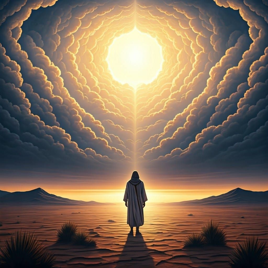 Man in Majestic Ancient Desert Land with Heavenly Clouds