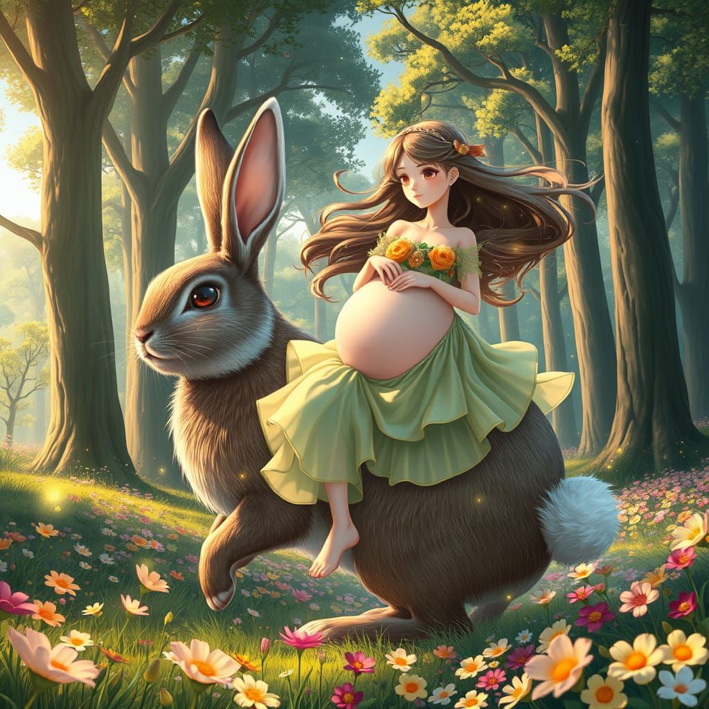 Majestic Anime Girl Rides a Radiant Rabbit in a Vibrant Sunn...