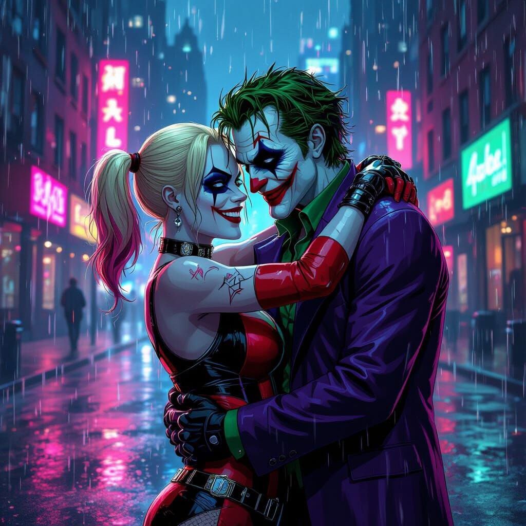 Harley Quinn & Joker Embrace in Neon Gotham