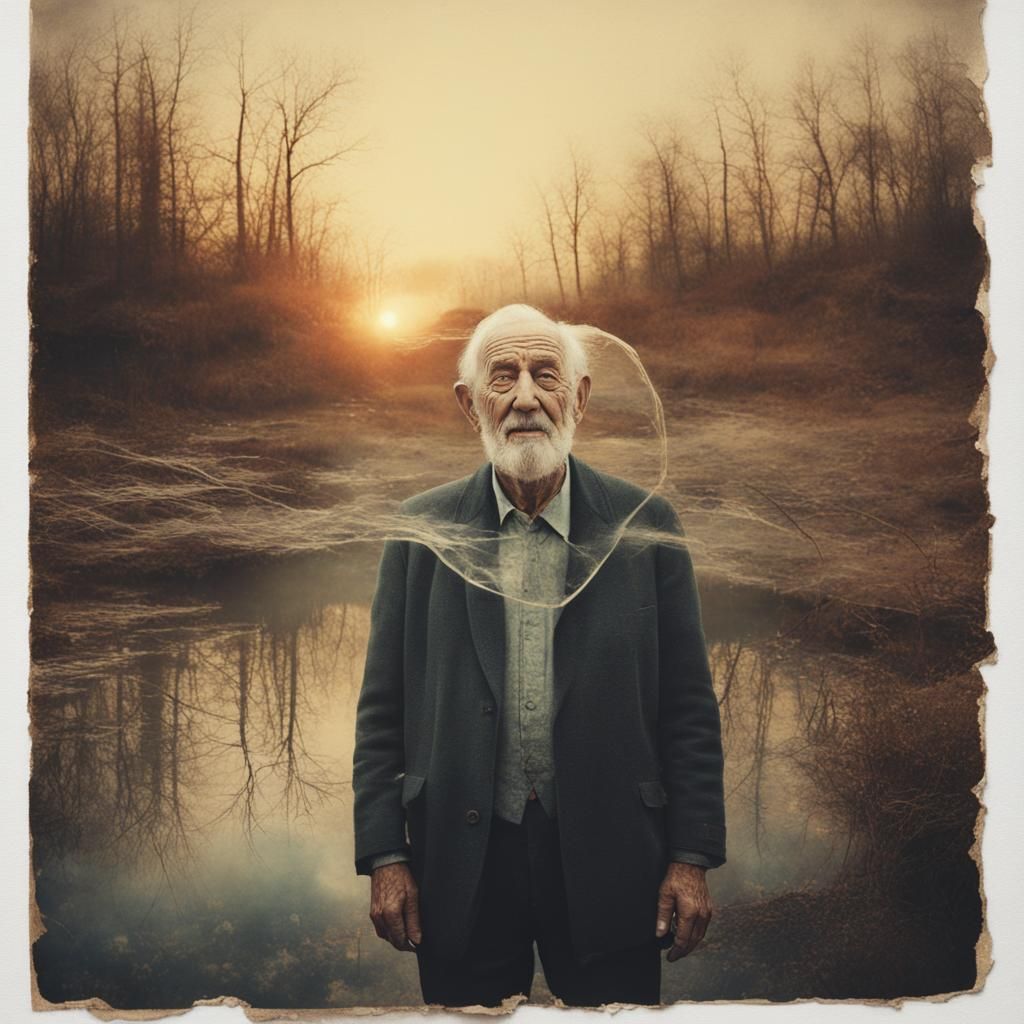 Happy Old Man Double Exposure Sunset Art
