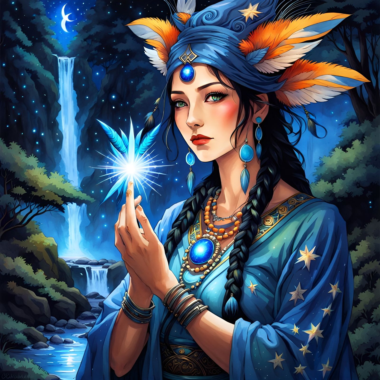 Magical Shaman Woman Portrait in Watercolor Style