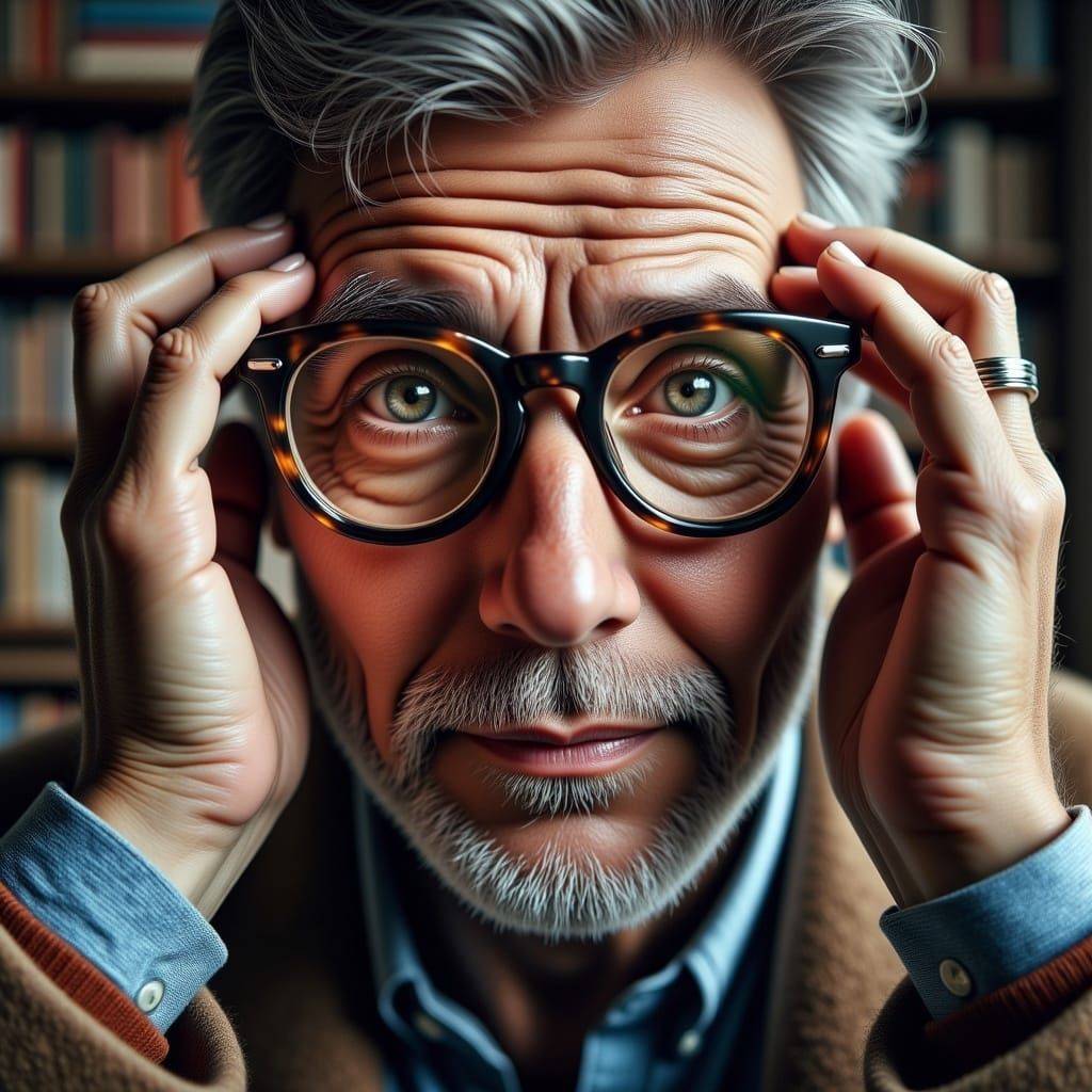 Thoughtful Person Adjusting Glasses in Hyperrealism