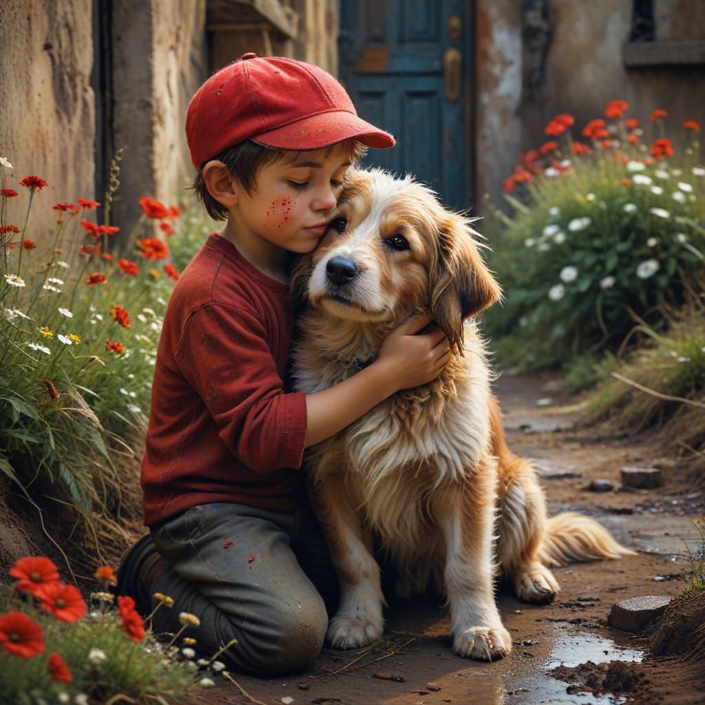 Boy Hugging Dog in Oil Painting with Expressive Brushstrokes